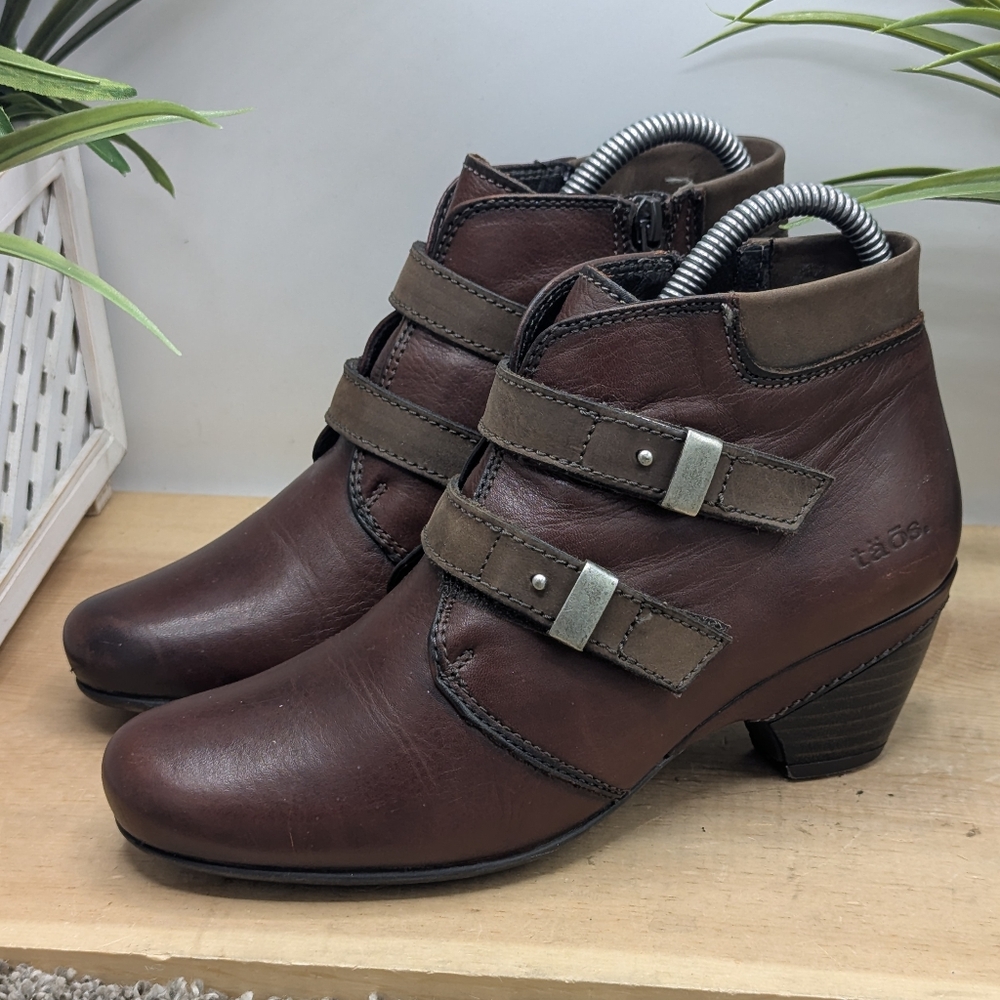 Taos Alto Brown Leather Straps Women's Size 37 6/6.5 Ankle Boots Side Zipper